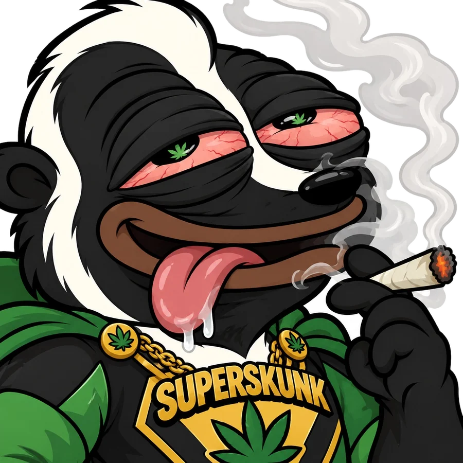 SUPERSKUNK in a bandit mask, smirking with tongue out, holding a lit joint